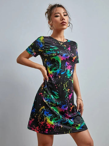 Reflective Ink Splatter Print Tee Dress