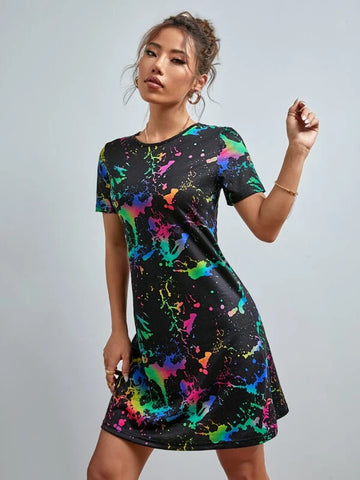 Reflective Ink Splatter Print Tee Dress