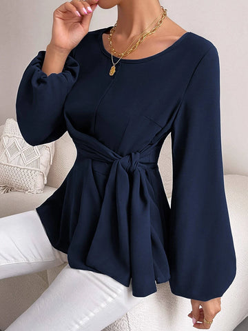 Lantern Sleeve Tie Front Peplum Blouse