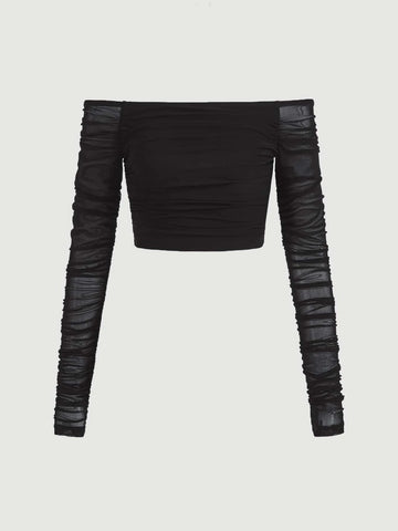 Off Shoulder Ruched Mesh Top