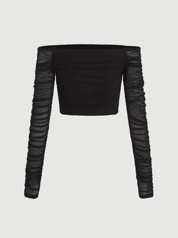 Off Shoulder Ruched Mesh Top