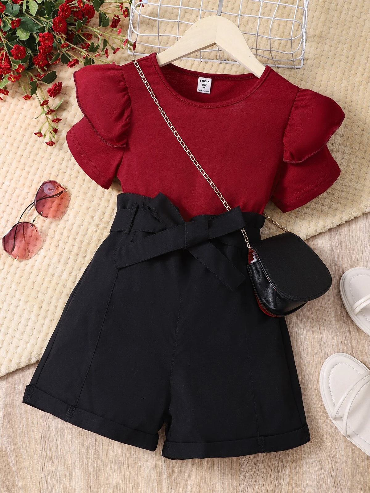 Girls Ruffle Trim Tee & Belted Shorts Without Bag