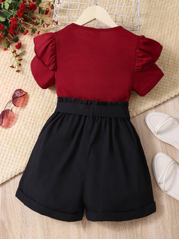 Girls Ruffle Trim Tee & Belted Shorts Without Bag