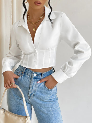 Solid Button Front Crop Shirt