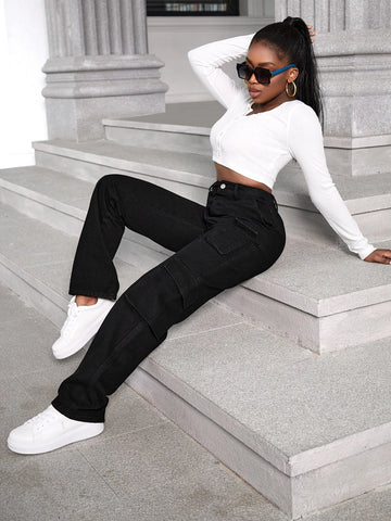 SXY High Waist Flap Pocket Cargo Jeans