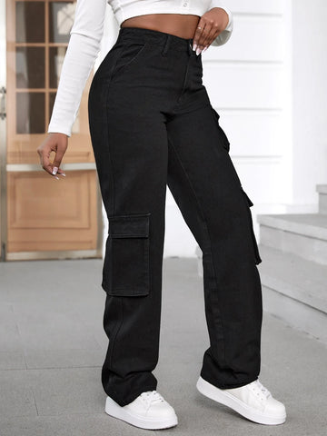 SXY High Waist Flap Pocket Cargo Jeans