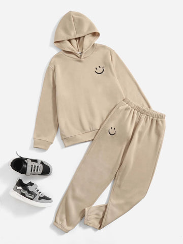 Boys Cartoon Face Print Thermal Hoodie & Sweatpants