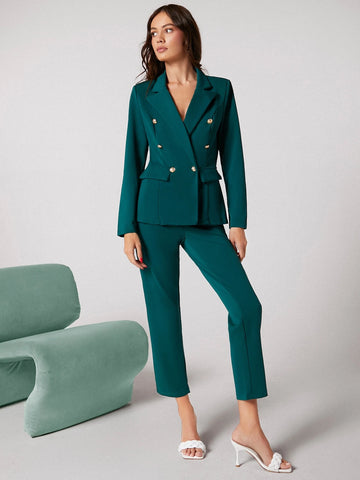 BIZwear Notch Collar Double Button Blazer and Tailored Pants Set