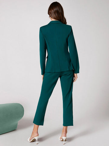 BIZwear Notch Collar Double Button Blazer and Tailored Pants Set