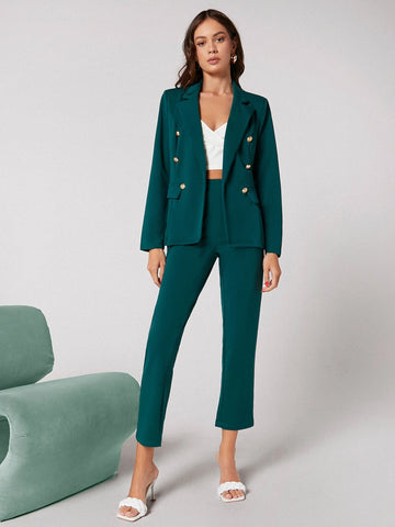 BIZwear Notch Collar Double Button Blazer and Tailored Pants Set