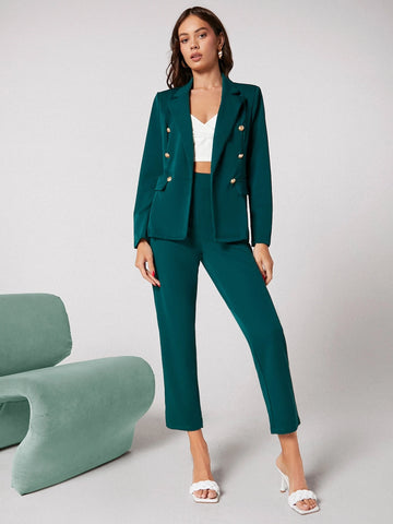 BIZwear Notch Collar Double Button Blazer and Tailored Pants Set