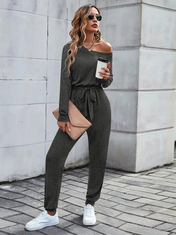 Solid Asymmetrical Neck Belted Jumpsuit