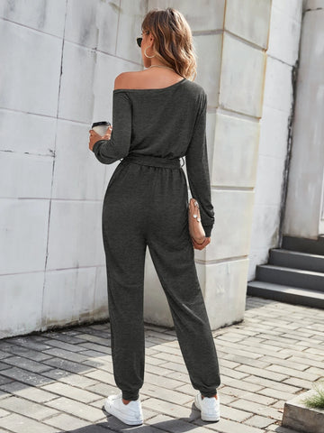 Solid Asymmetrical Neck Belted Jumpsuit