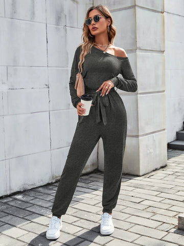 Solid Asymmetrical Neck Belted Jumpsuit