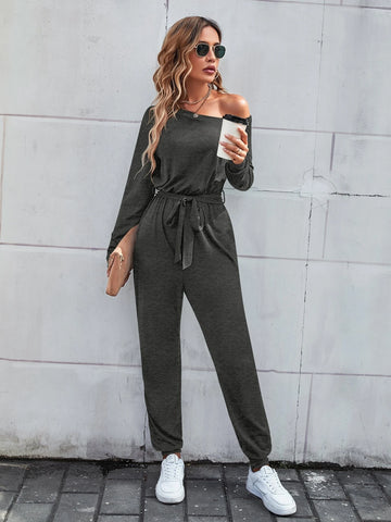 Solid Asymmetrical Neck Belted Jumpsuit