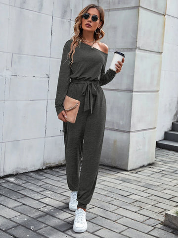 Solid Asymmetrical Neck Belted Jumpsuit
