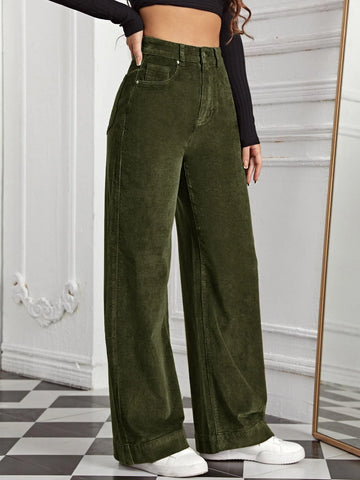 High Waist Slant Pocket Cord Pants
