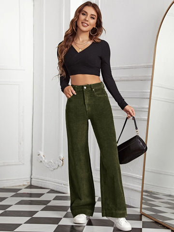 High Waist Slant Pocket Cord Pants