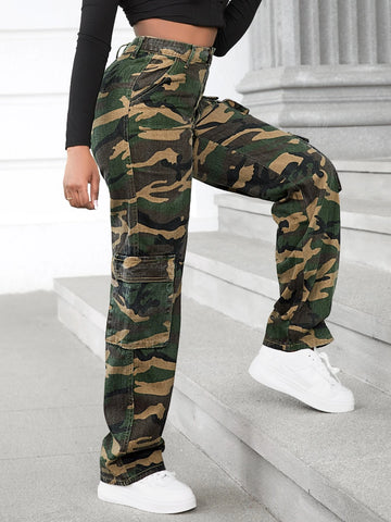 SXY High Waist Flap Pocket Cargo Jeans