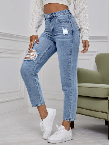 High Waist Ripped Mom Fit Jeans