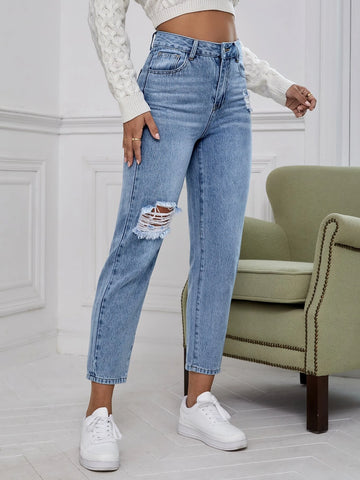 High Waist Ripped Mom Fit Jeans