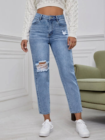 High Waist Ripped Mom Fit Jeans