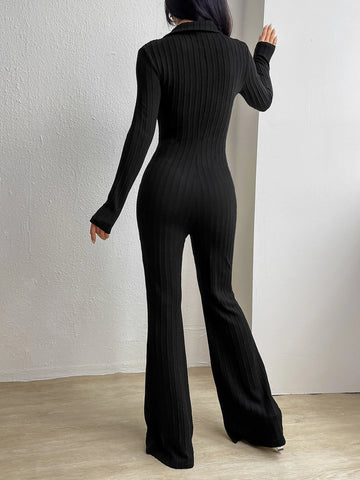 Textured Bootcut Leg Jumpsuit Without Belt