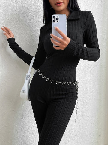 Textured Bootcut Leg Jumpsuit Without Belt
