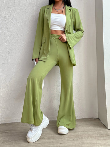 EZwear Solid Single Button Blazer & Flare Leg Pants