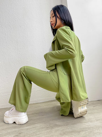 EZwear Solid Single Button Blazer & Flare Leg Pants