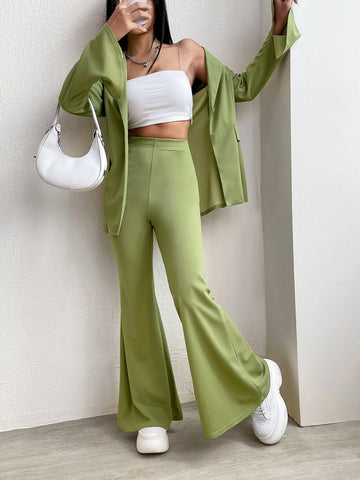 EZwear Solid Single Button Blazer & Flare Leg Pants