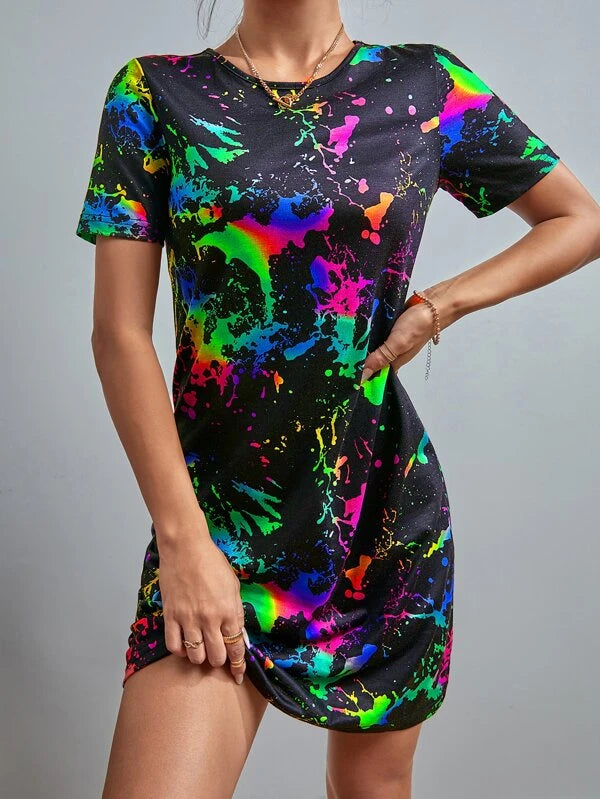 Reflective Ink Splatter Print Tee Dress