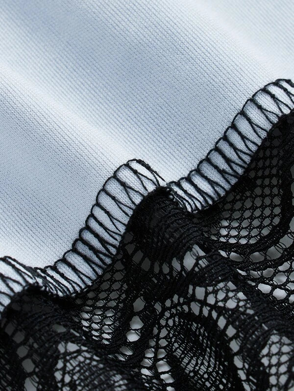 ROMWE Goth Floral Print Contrast Lace Skirt