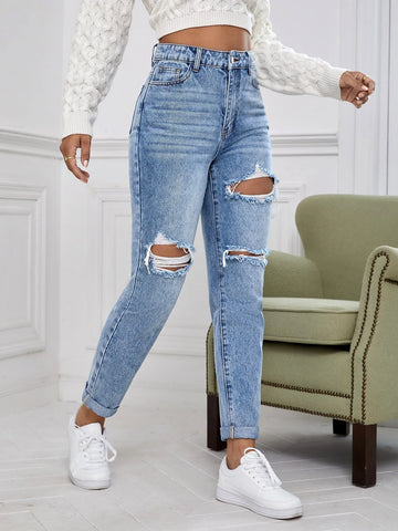 Cut Out Ripped Frayed Tapered Jeans