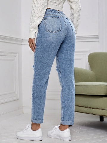 Cut Out Ripped Frayed Tapered Jeans