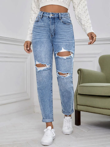 Cut Out Ripped Frayed Tapered Jeans