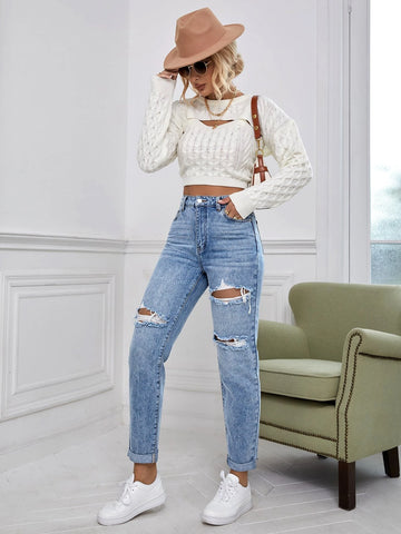 Cut Out Ripped Frayed Tapered Jeans