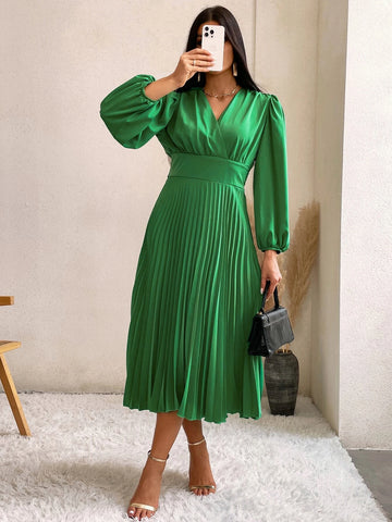 Surplice Neck Lantern Sleeve Pleated Hem Dress