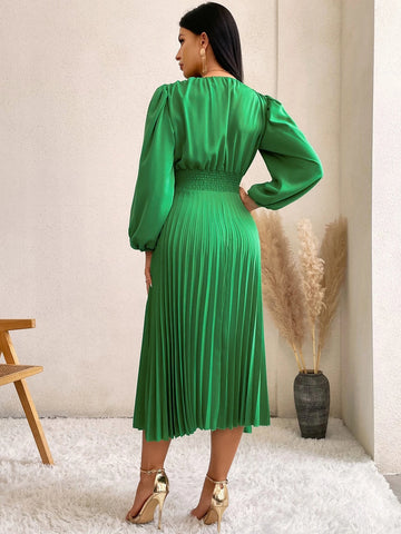 Surplice Neck Lantern Sleeve Pleated Hem Dress