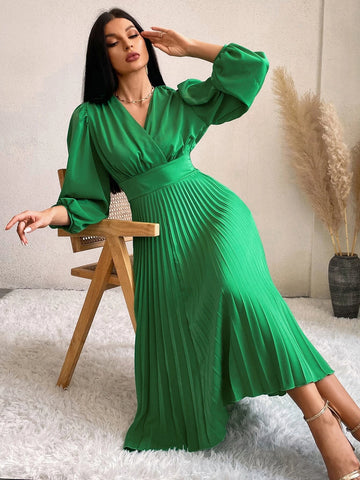 Surplice Neck Lantern Sleeve Pleated Hem Dress