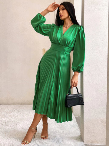 Surplice Neck Lantern Sleeve Pleated Hem Dress