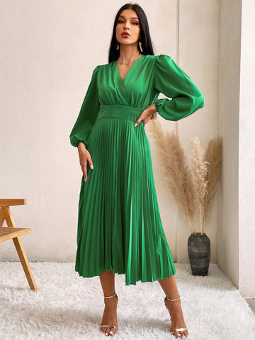 Surplice Neck Lantern Sleeve Pleated Hem Dress