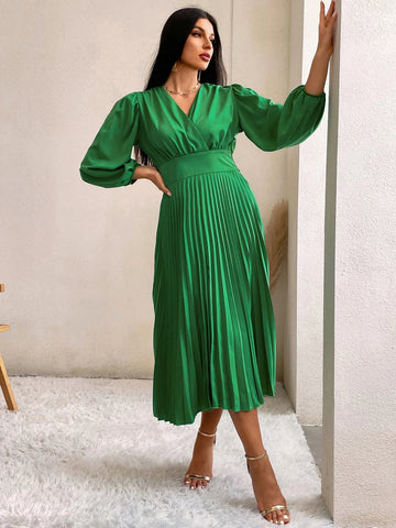 Surplice Neck Lantern Sleeve Pleated Hem Dress