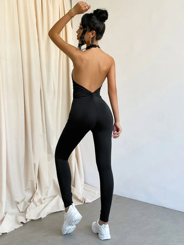 Twist Backless Halter Unitard Jumpsuit
