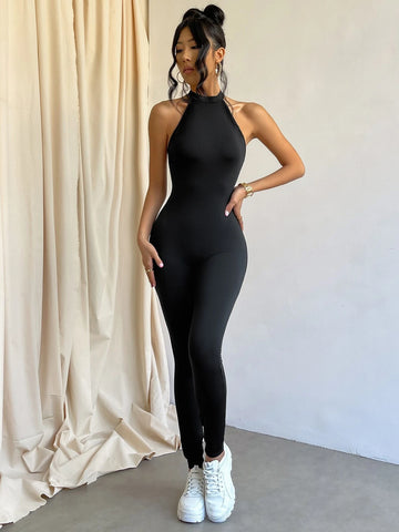Twist Backless Halter Unitard Jumpsuit