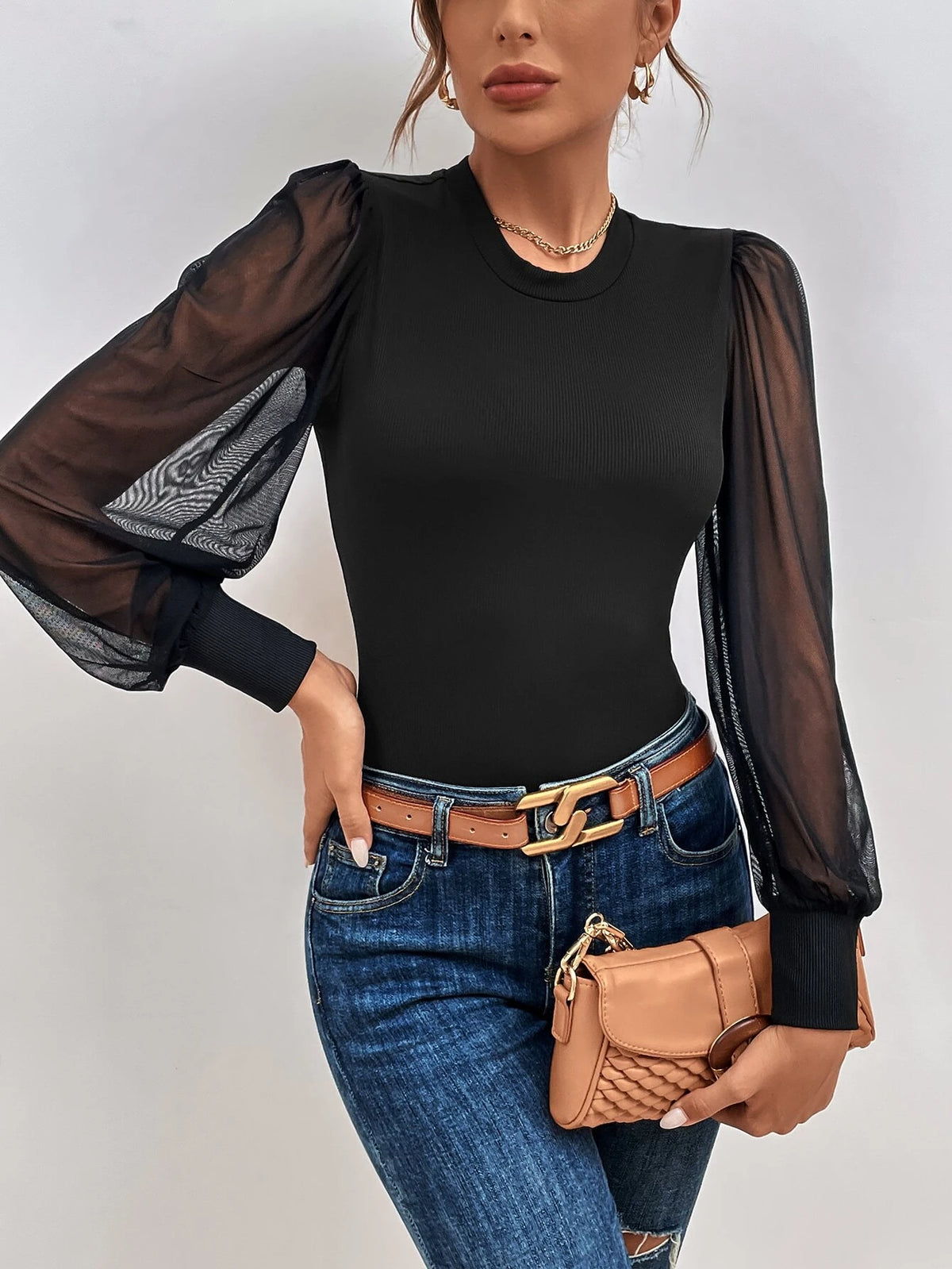 Contrast Mesh Lantern Sleeve Bodysuit