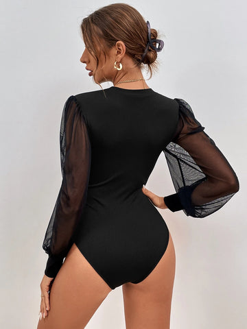 Contrast Mesh Lantern Sleeve Bodysuit