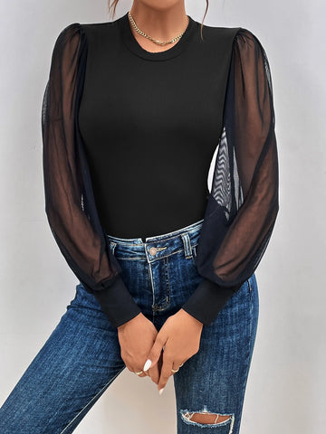 Contrast Mesh Lantern Sleeve Bodysuit
