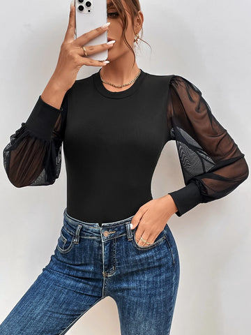 Contrast Mesh Lantern Sleeve Bodysuit