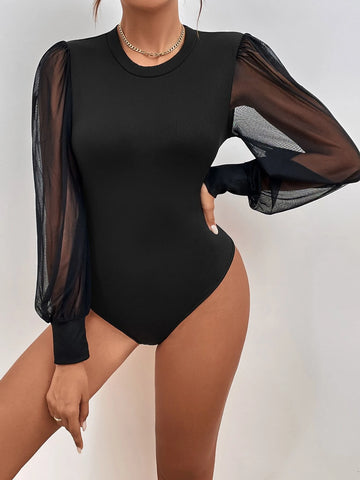 Contrast Mesh Lantern Sleeve Bodysuit